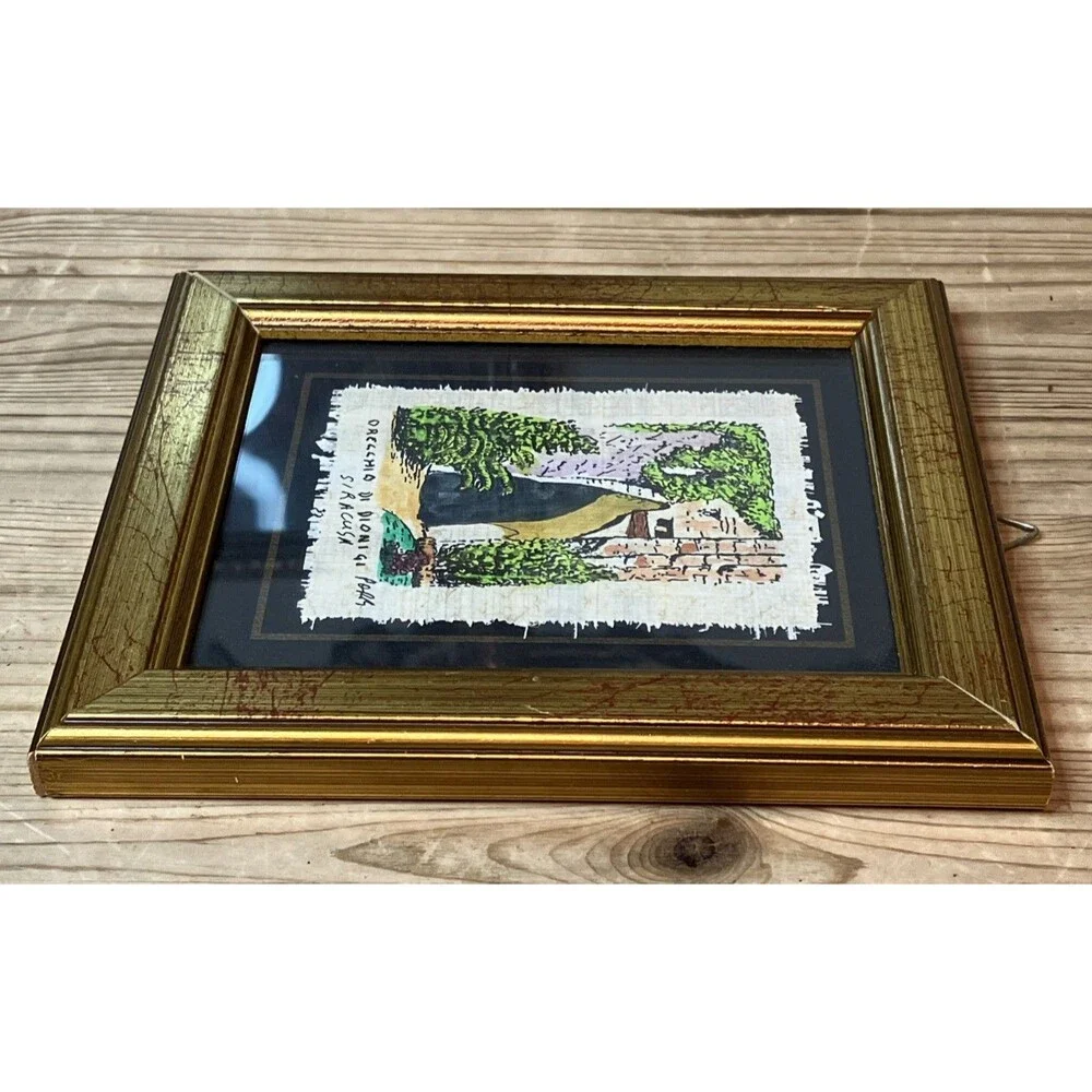 Vintage Ear Of Dionysius Art On Papyrus Siracusa Italy Souvenir Red Gold Frame